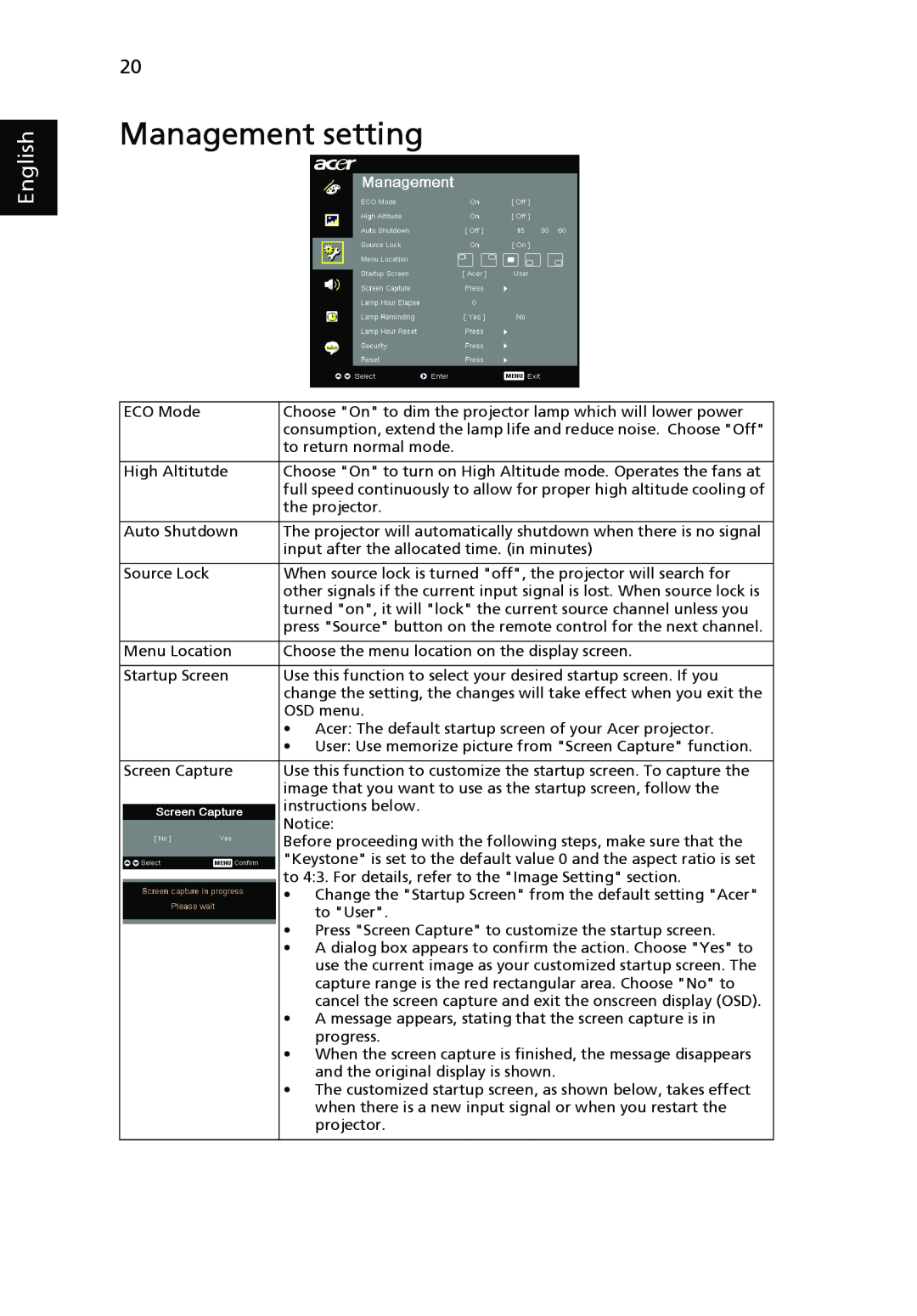 Acer P3150 Series, P3250 Series manual Management setting, English 