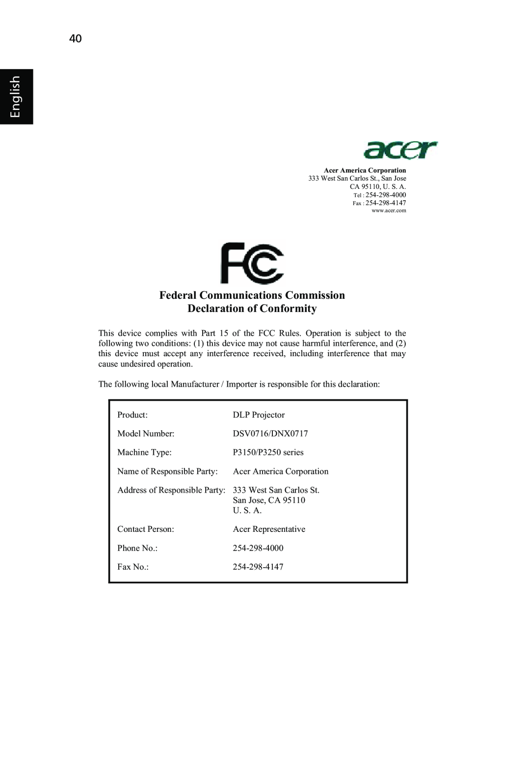 Acer P3150 Series, P3250 Series manual English, Federal Communications Commission Declaration of Conformity 
