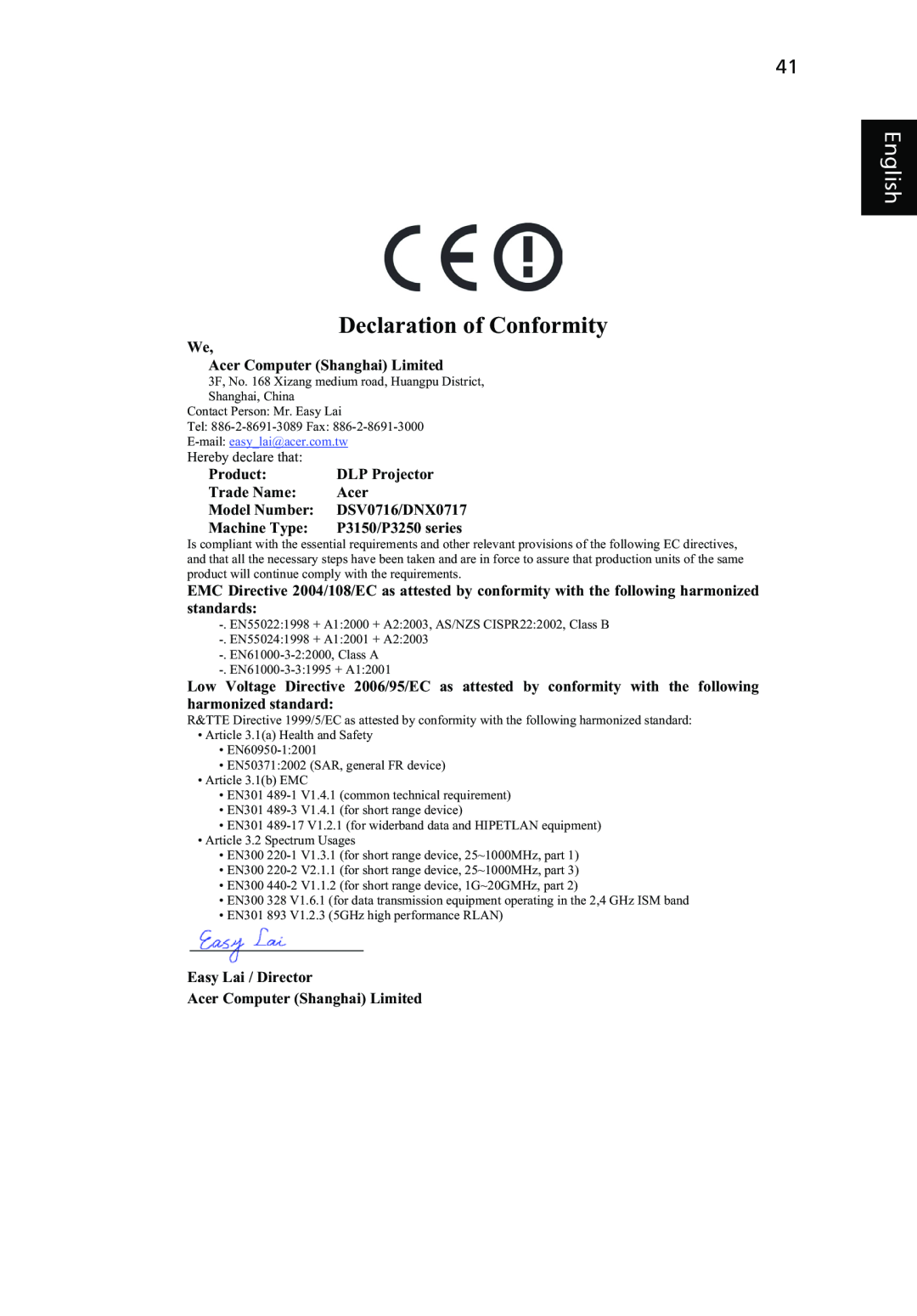 Acer P3250 Series, P3150 Series manual Declaration of Conformity, English 