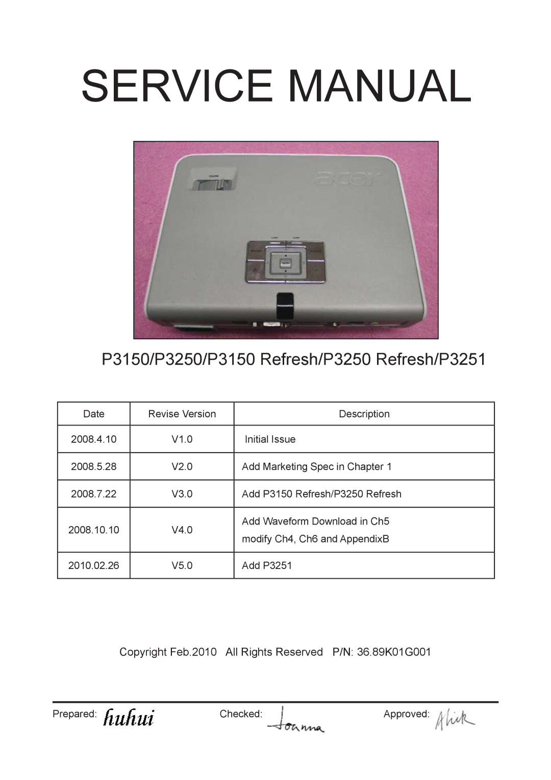 Acer P3150 REFRESH, P3250 REFRESH service manual P3150/P3250/P3150 Refresh/P3250 Refresh/P3251 