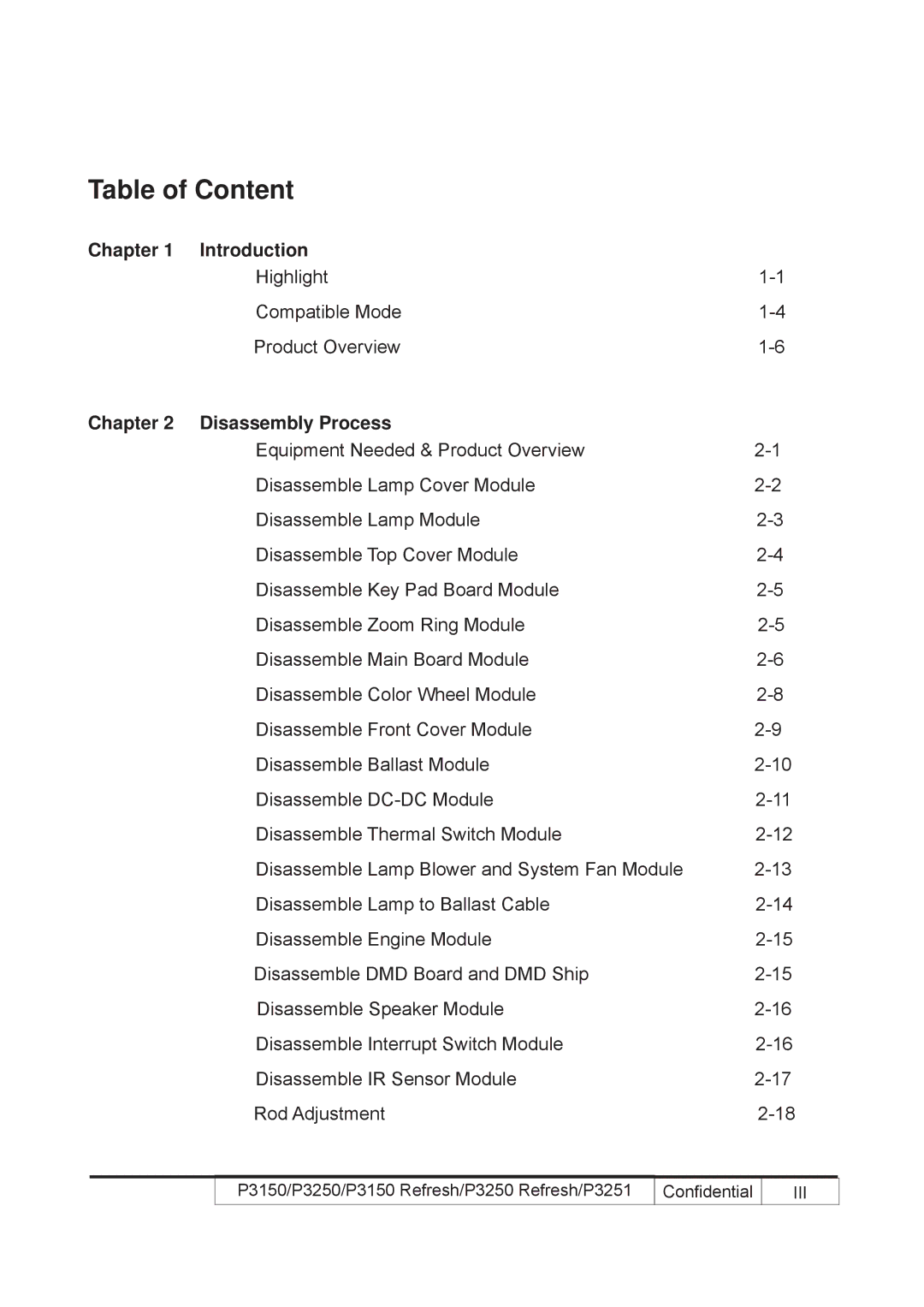 Acer P3250 REFRESH, P3150 REFRESH service manual Table of Content, Introduction, Disassembly Process 