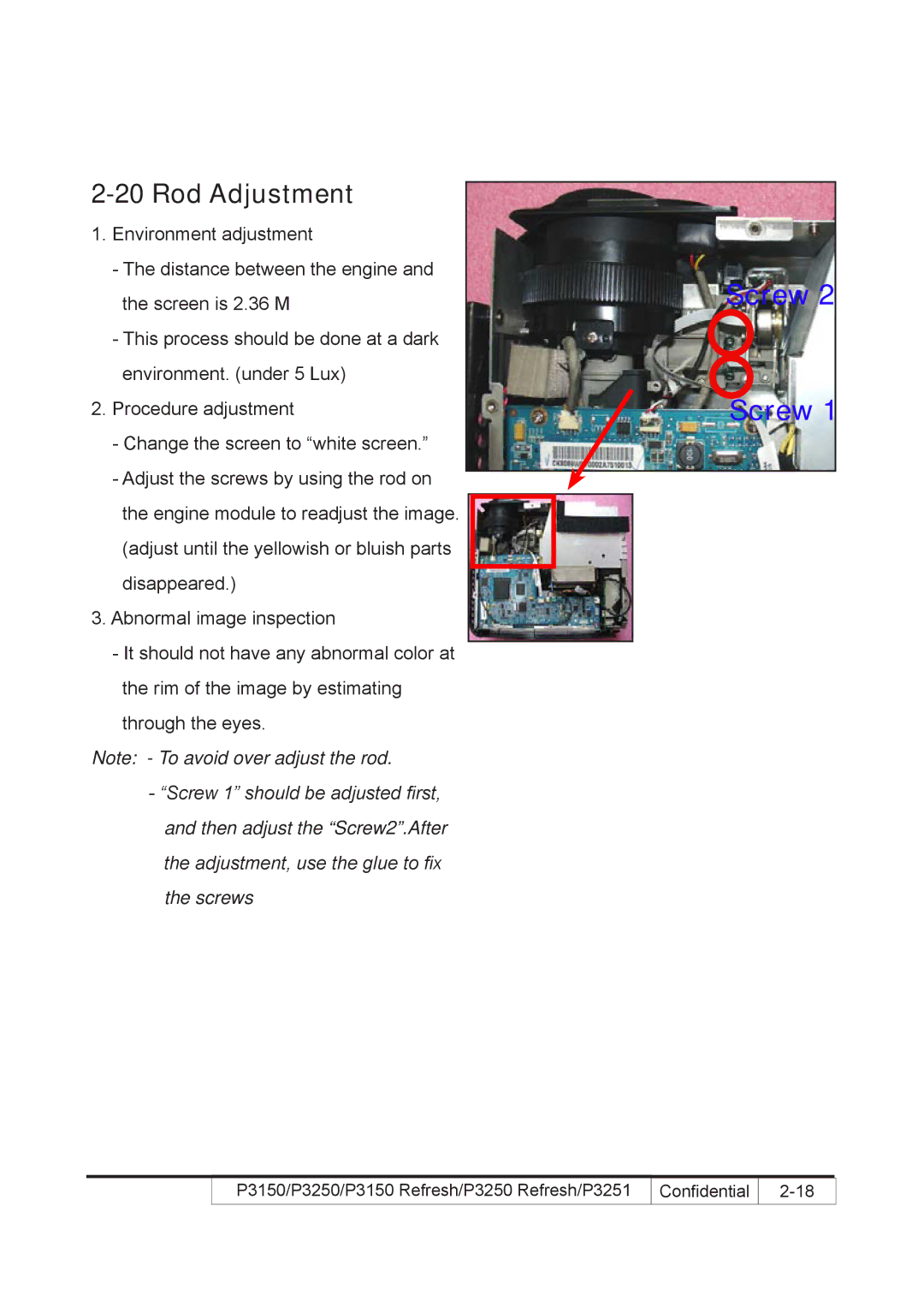 Acer P3250 REFRESH, P3150 REFRESH service manual Screw, Rod Adjustment 