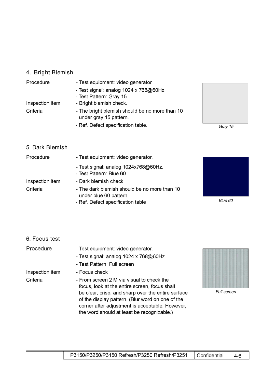 Acer P3150 REFRESH, P3250 REFRESH service manual Focus test, Dark Blemish 