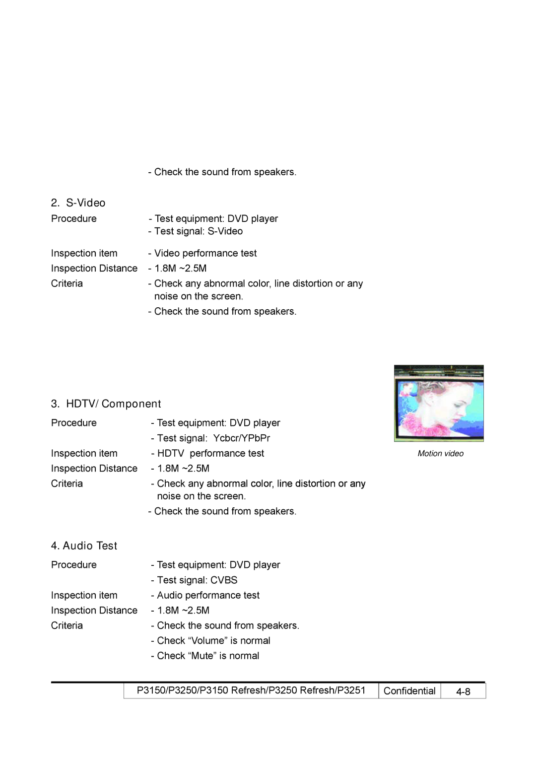 Acer P3250 REFRESH, P3150 REFRESH service manual Video, HDTV/ Component, Audio Test 