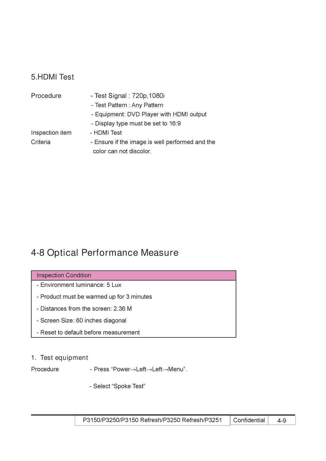 Acer P3250 REFRESH, P3150 REFRESH service manual Optical Performance Measure, Test equipment 