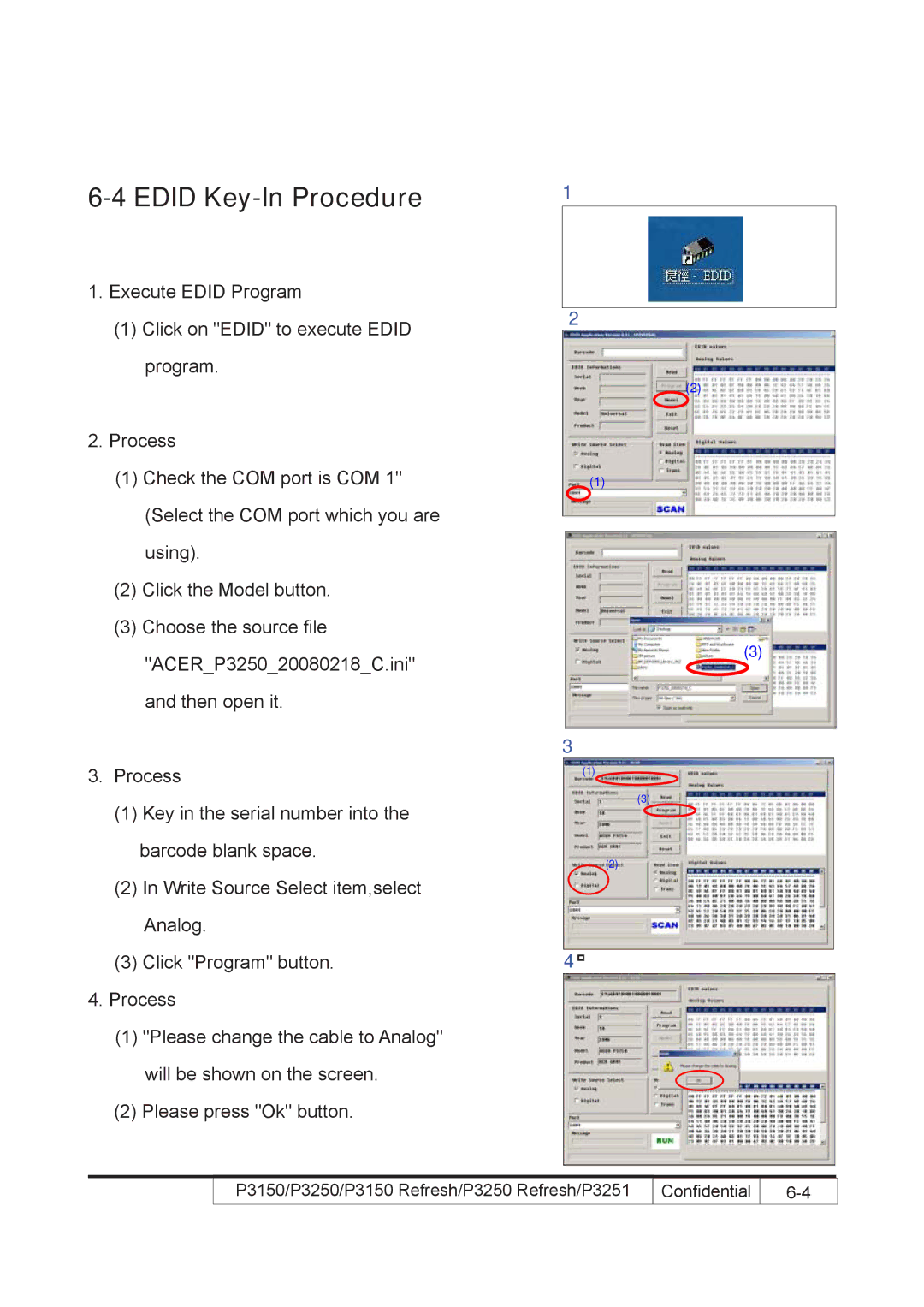 Acer P3250 REFRESH, P3150 REFRESH service manual Edid Key-In Procedure 