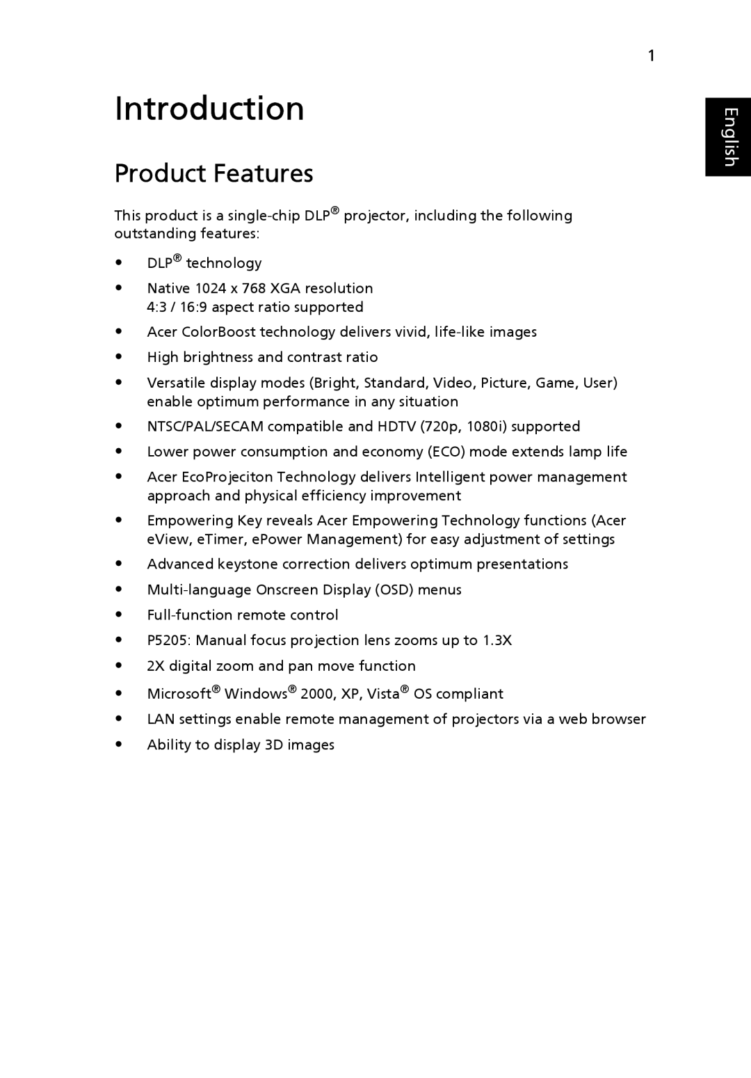 Acer P5205 manual Introduction, Product Features 