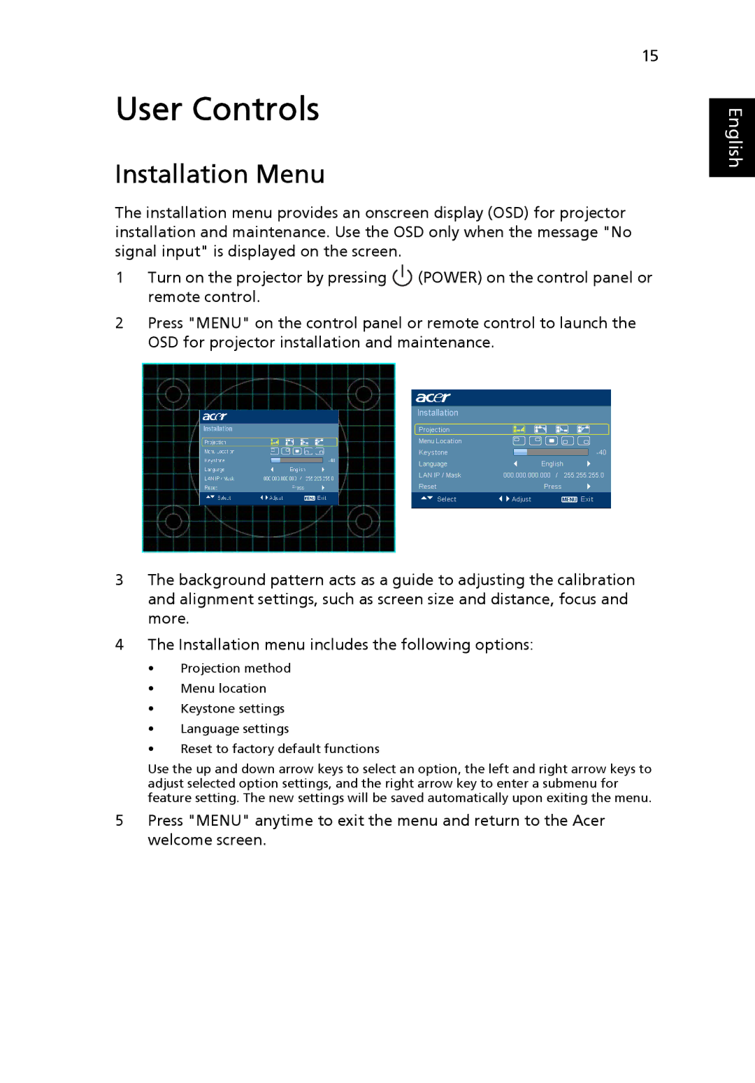 Acer P5205 manual User Controls, Installation Menu 