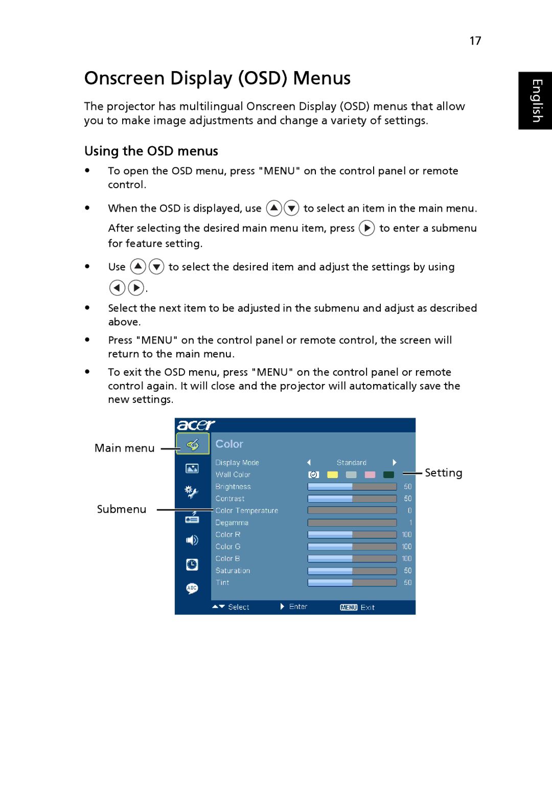 Acer P5205 manual Onscreen Display OSD Menus, Using the OSD menus 