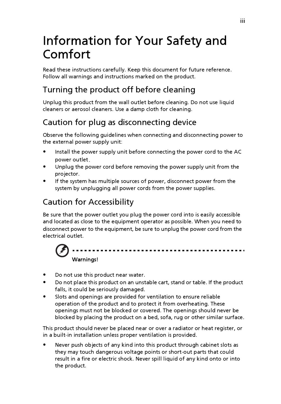 Acer P5205 manual Information for Your Safety and Comfort, Turning the product off before cleaning 