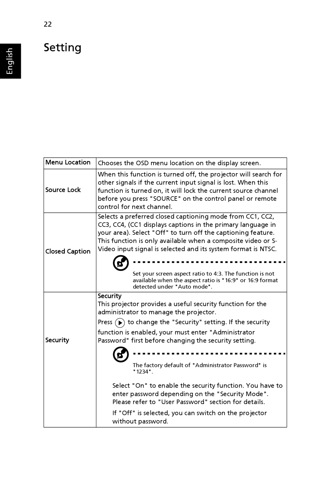 Acer P5205 manual Setting, Menu Location, Source Lock, Closed Caption, Security 