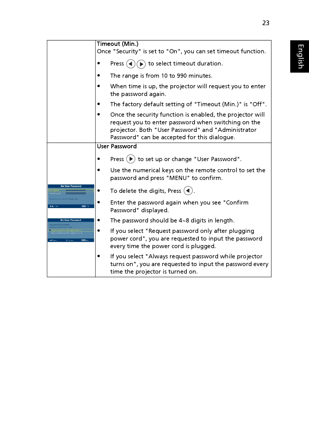 Acer P5205 manual Timeout Min, User Password 