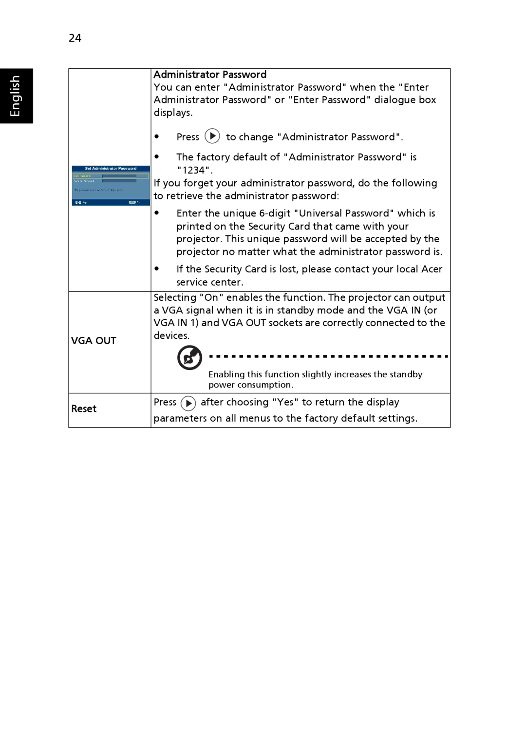 Acer P5205 manual Administrator Password, Devices, Reset 