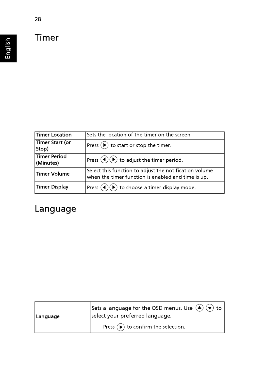 Acer P5205 manual Timer, Language 