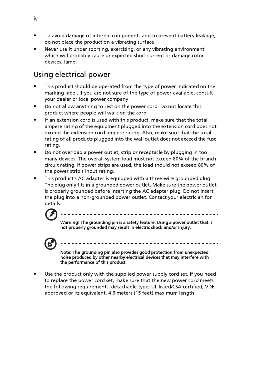 Acer P5205 manual Using electrical power 