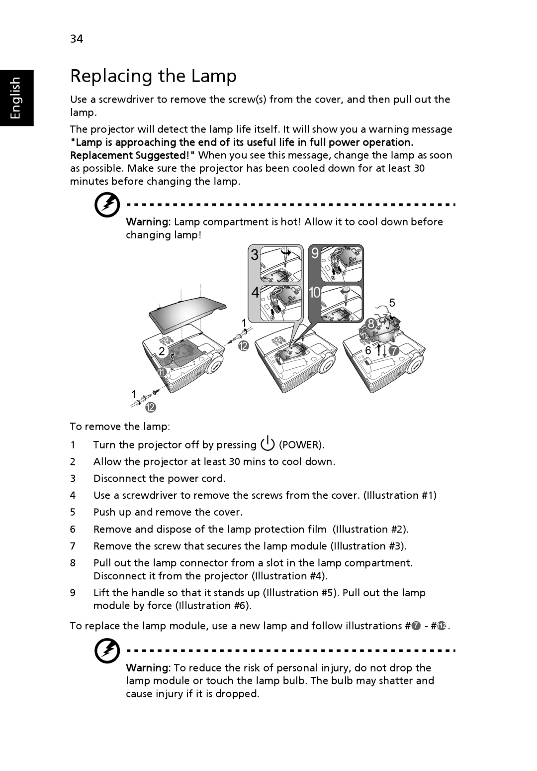 Acer P5205 manual Replacing the Lamp 