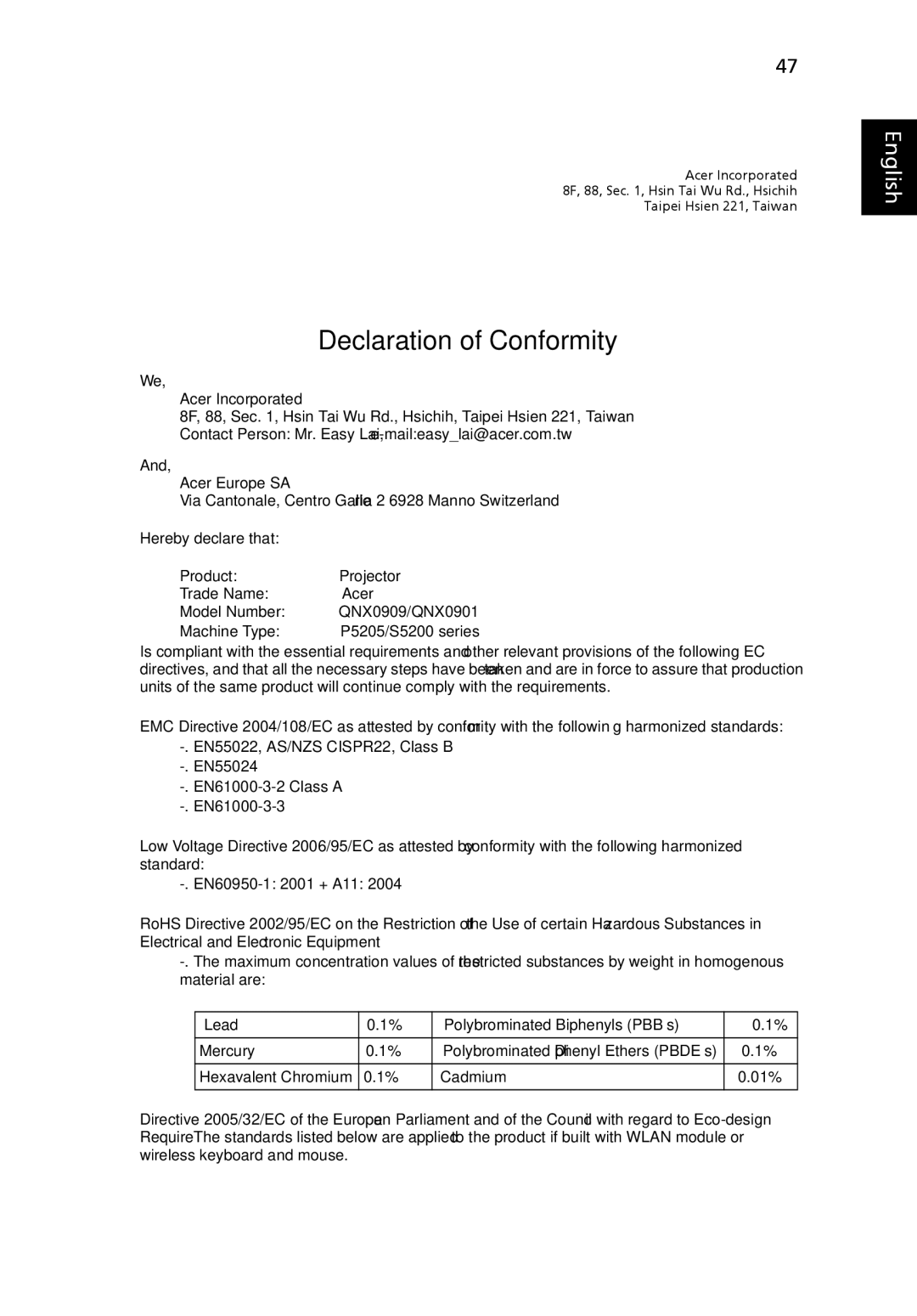 Acer P5205 manual Declaration of Conformity 