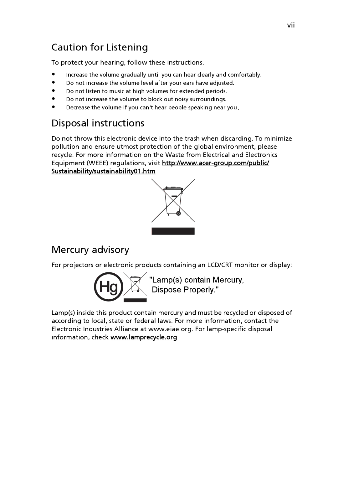 Acer P5205 manual Disposal instructions, Mercury advisory, To protect your hearing, follow these instructions 