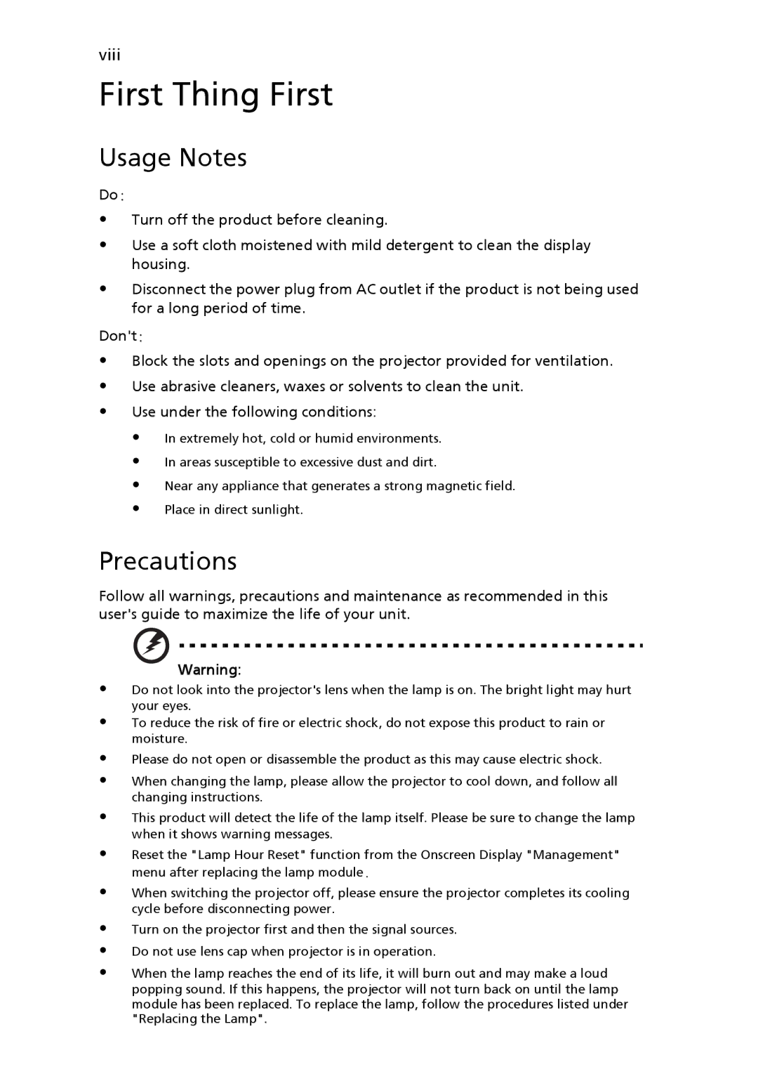 Acer P5205 manual Usage Notes, Precautions 