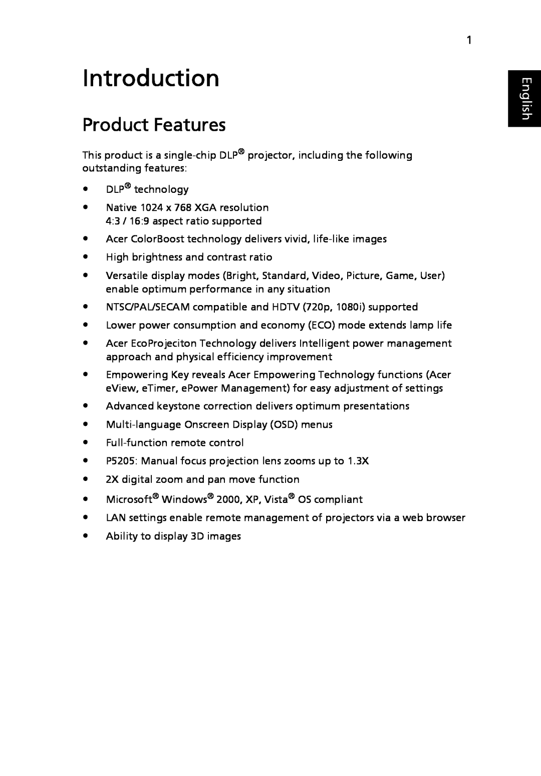 Acer P5205 manual Introduction, Product Features, English 