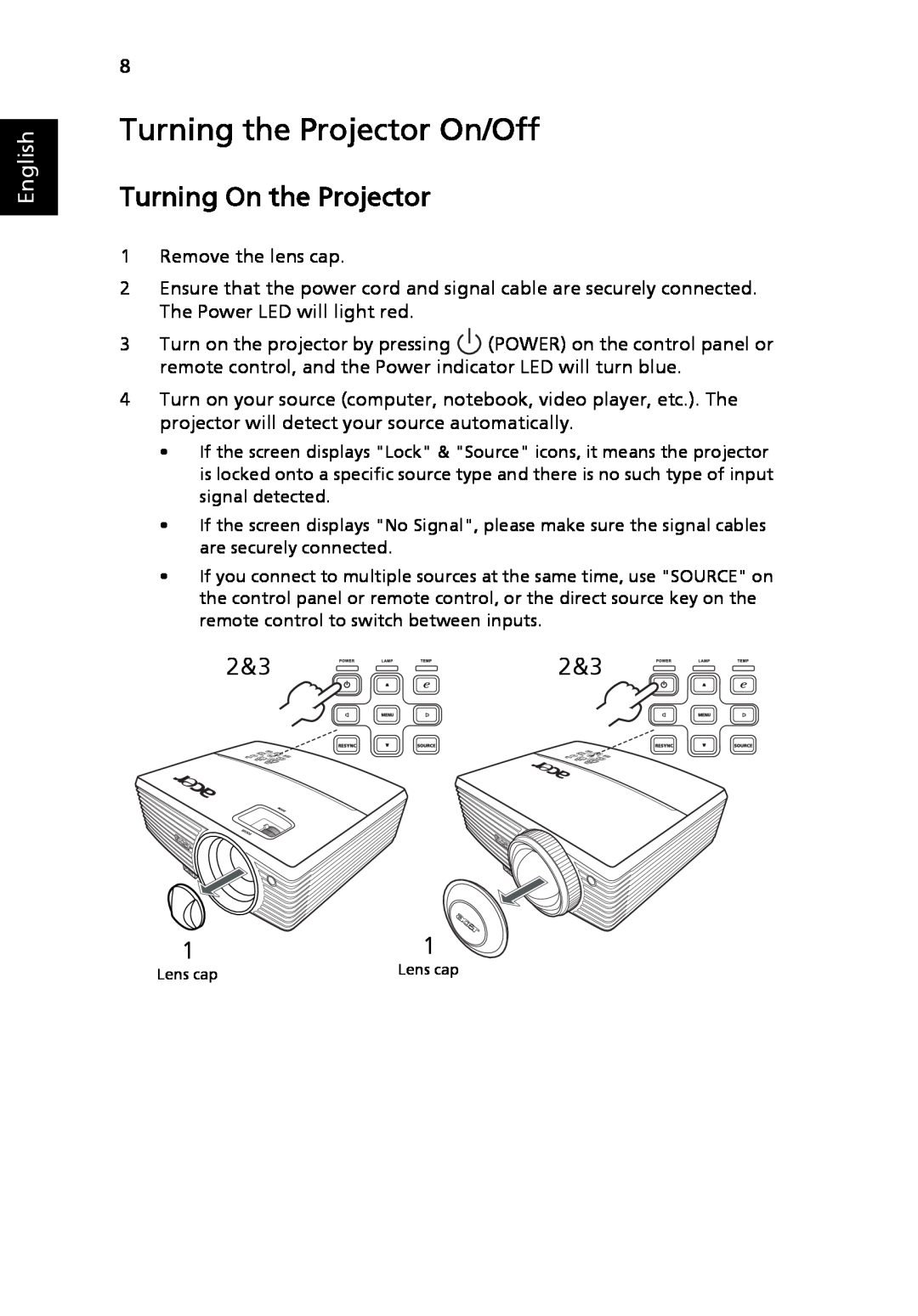 Acer P5205 manual Turning the Projector On/Off, Turning On the Projector, 2&32&3, English 