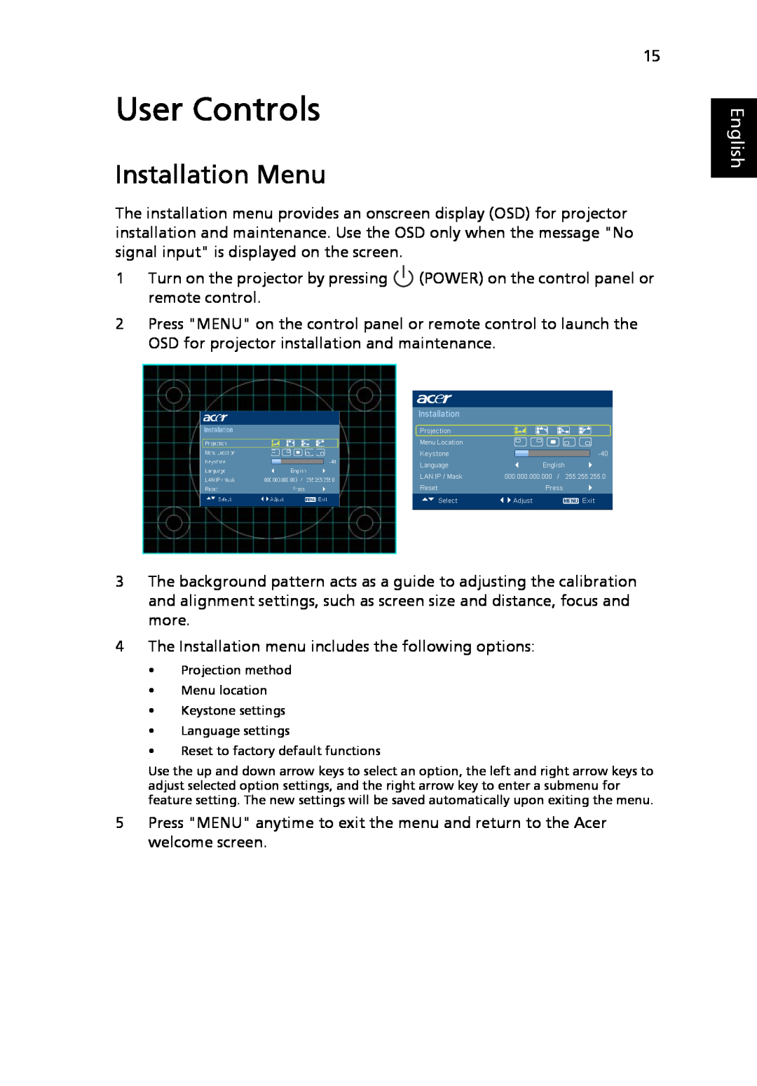 Acer P5205 manual User Controls, Installation Menu, English 