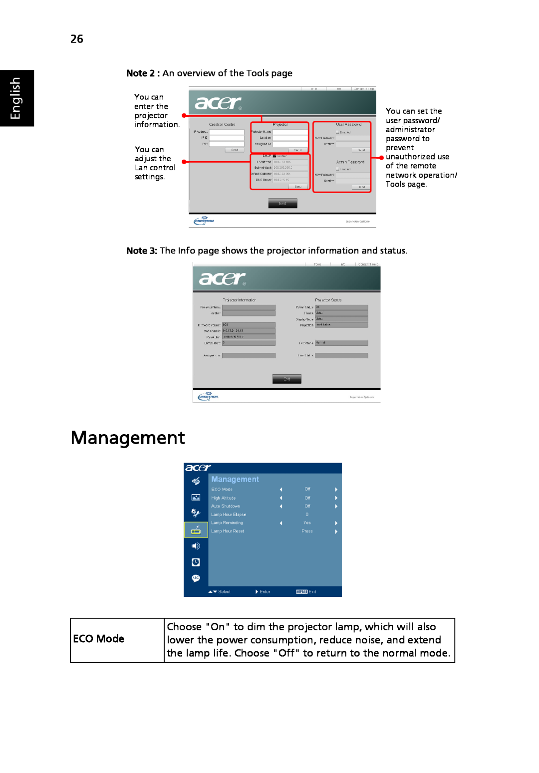 Acer P5205 manual Management, English, ECO Mode 