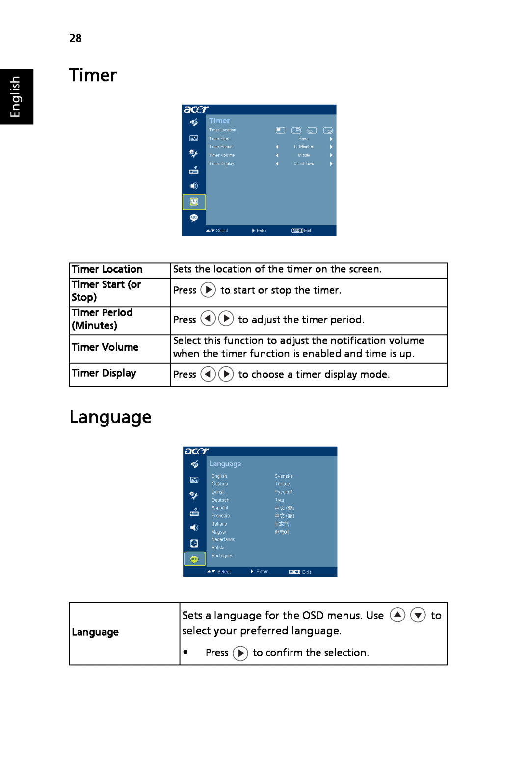 Acer P5205 manual Timer, Language, English 