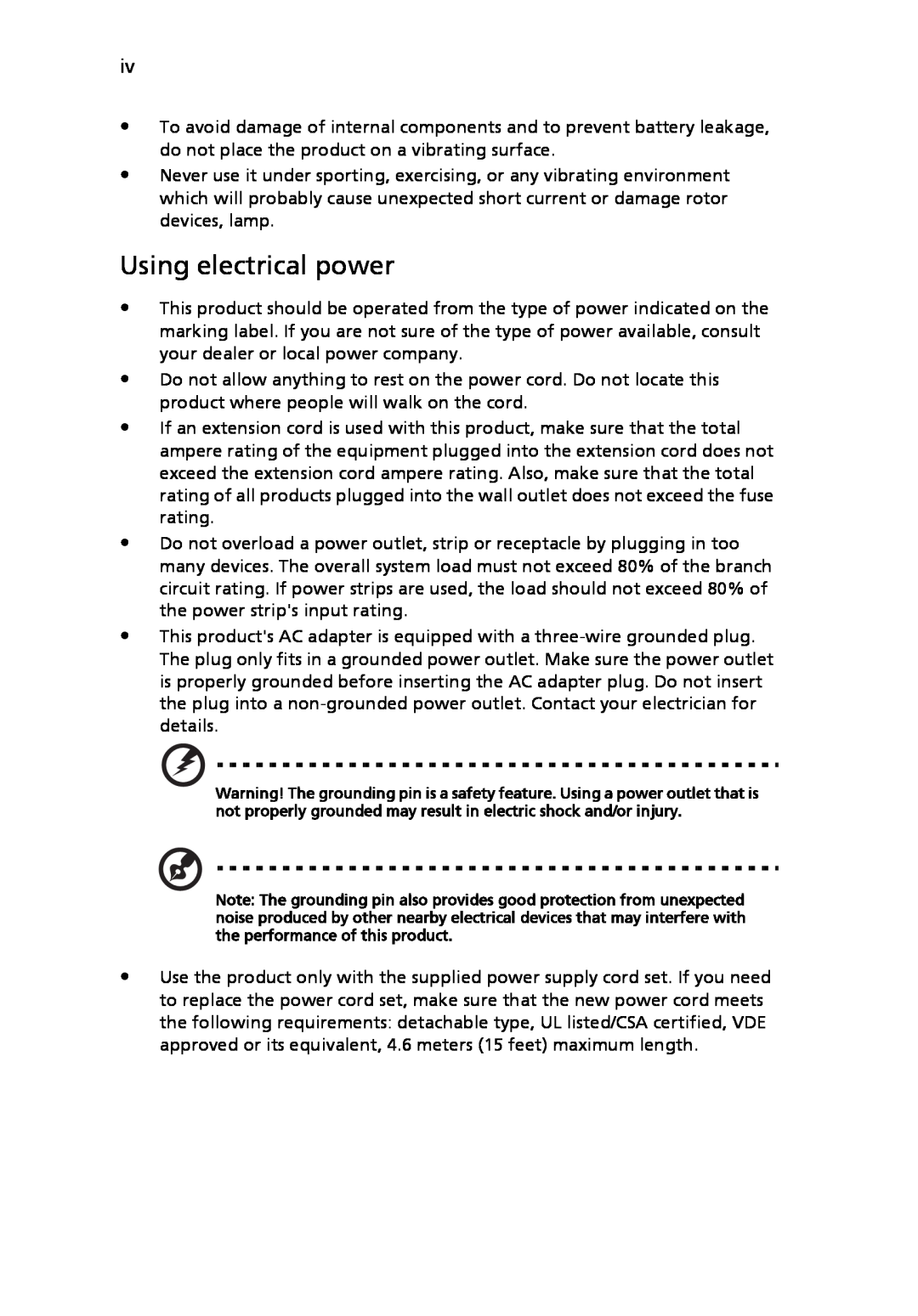 Acer P5205 manual Using electrical power 