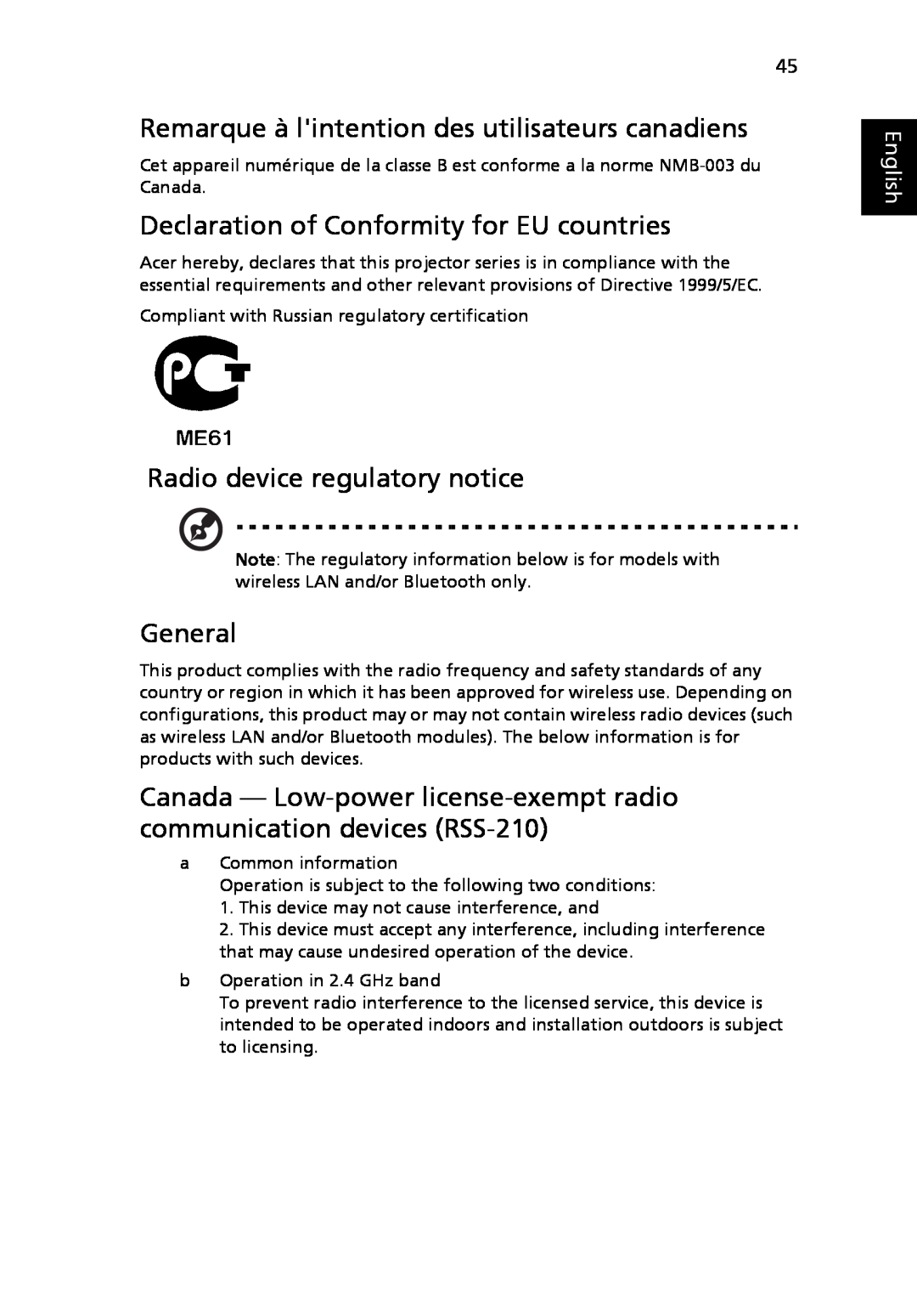 Acer P5205 Remarque à lintention des utilisateurs canadiens, Declaration of Conformity for EU countries, General, English 