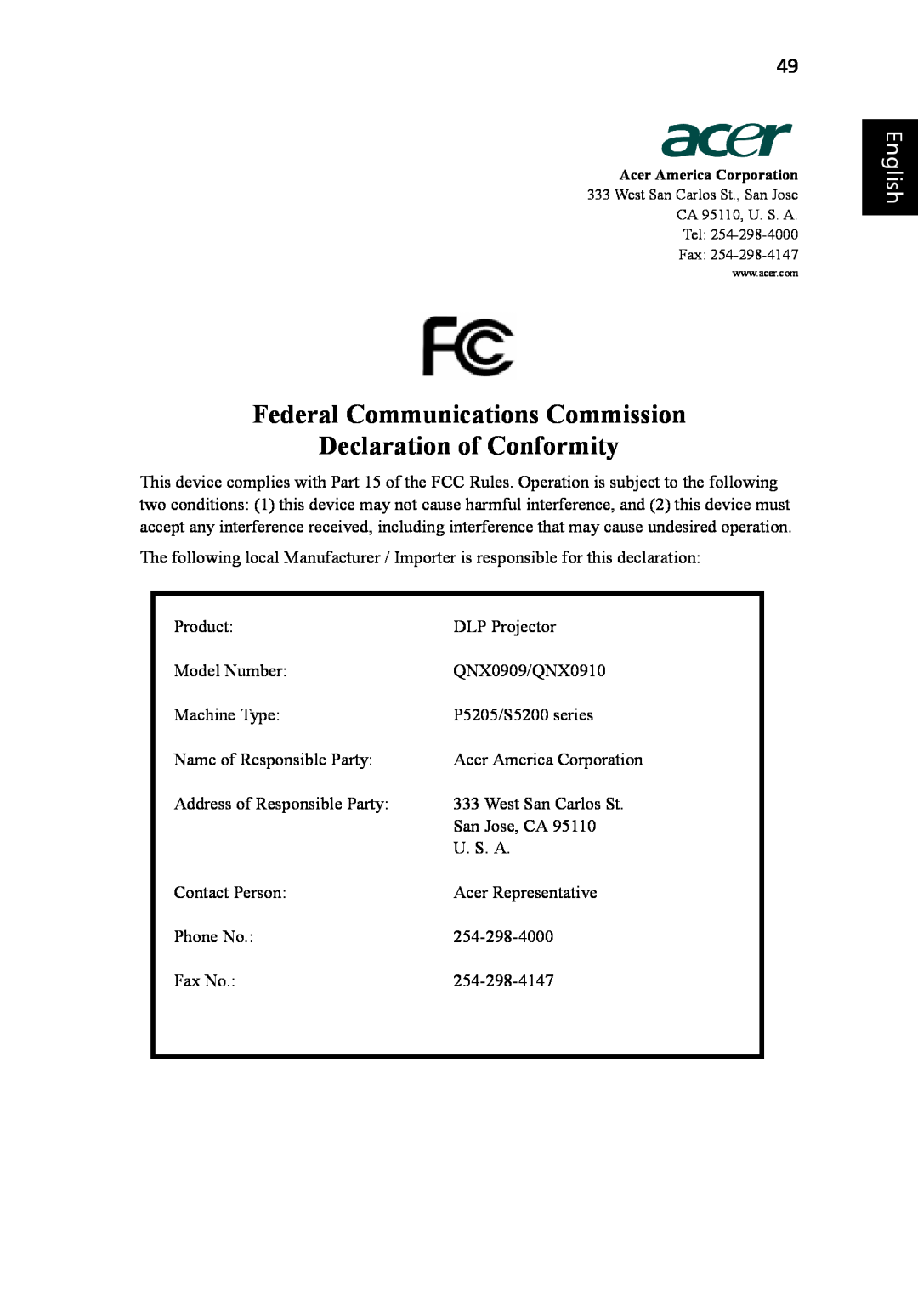 Acer P5205 manual Federal Communications Commission Declaration of Conformity, English 