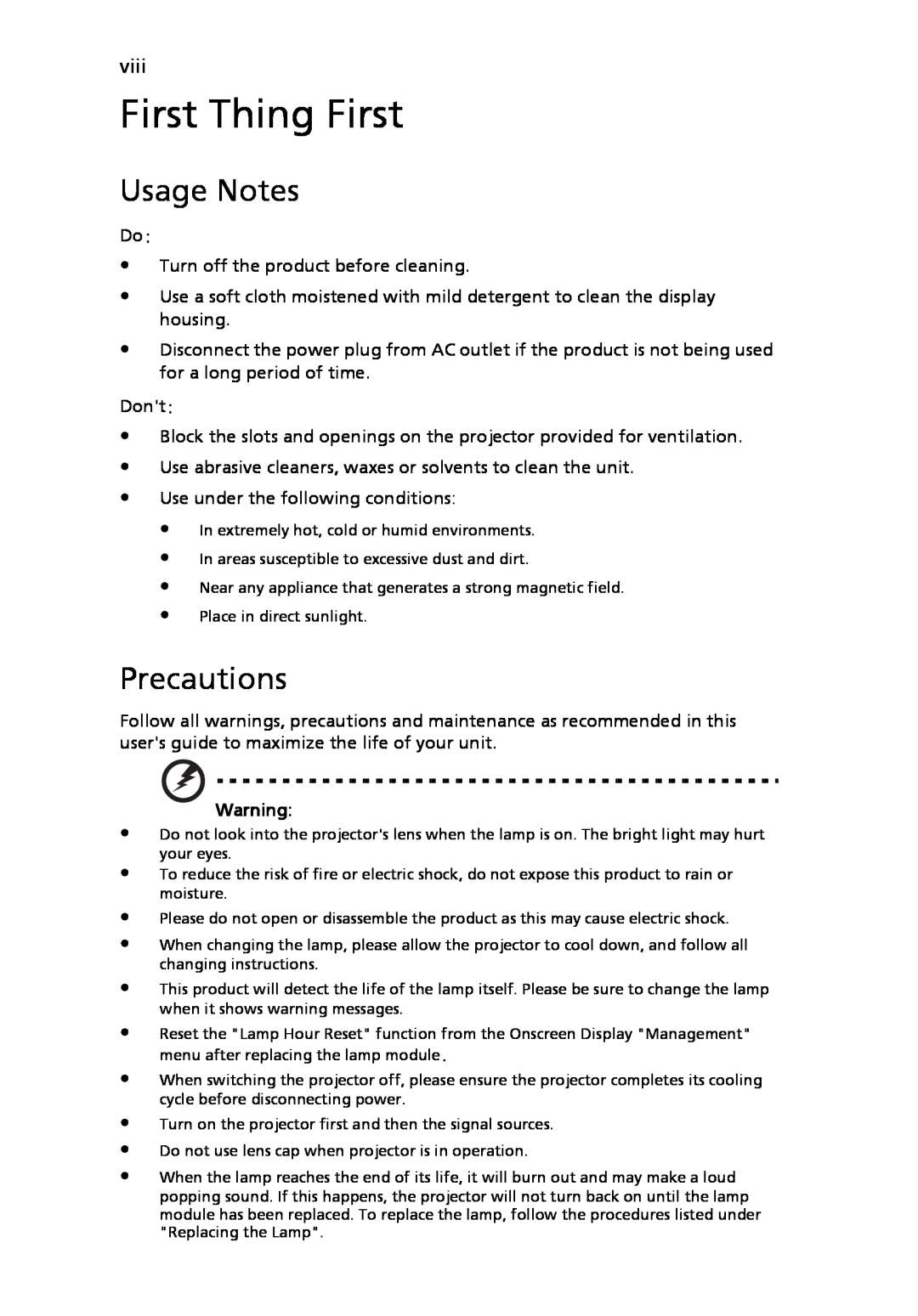 Acer P5205 manual First Thing First, Usage Notes, Precautions 