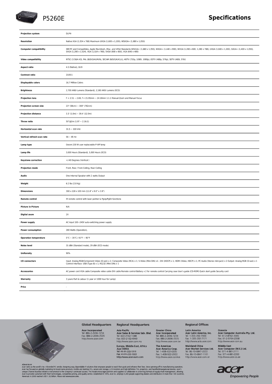 Acer P5260E manual Specifications 