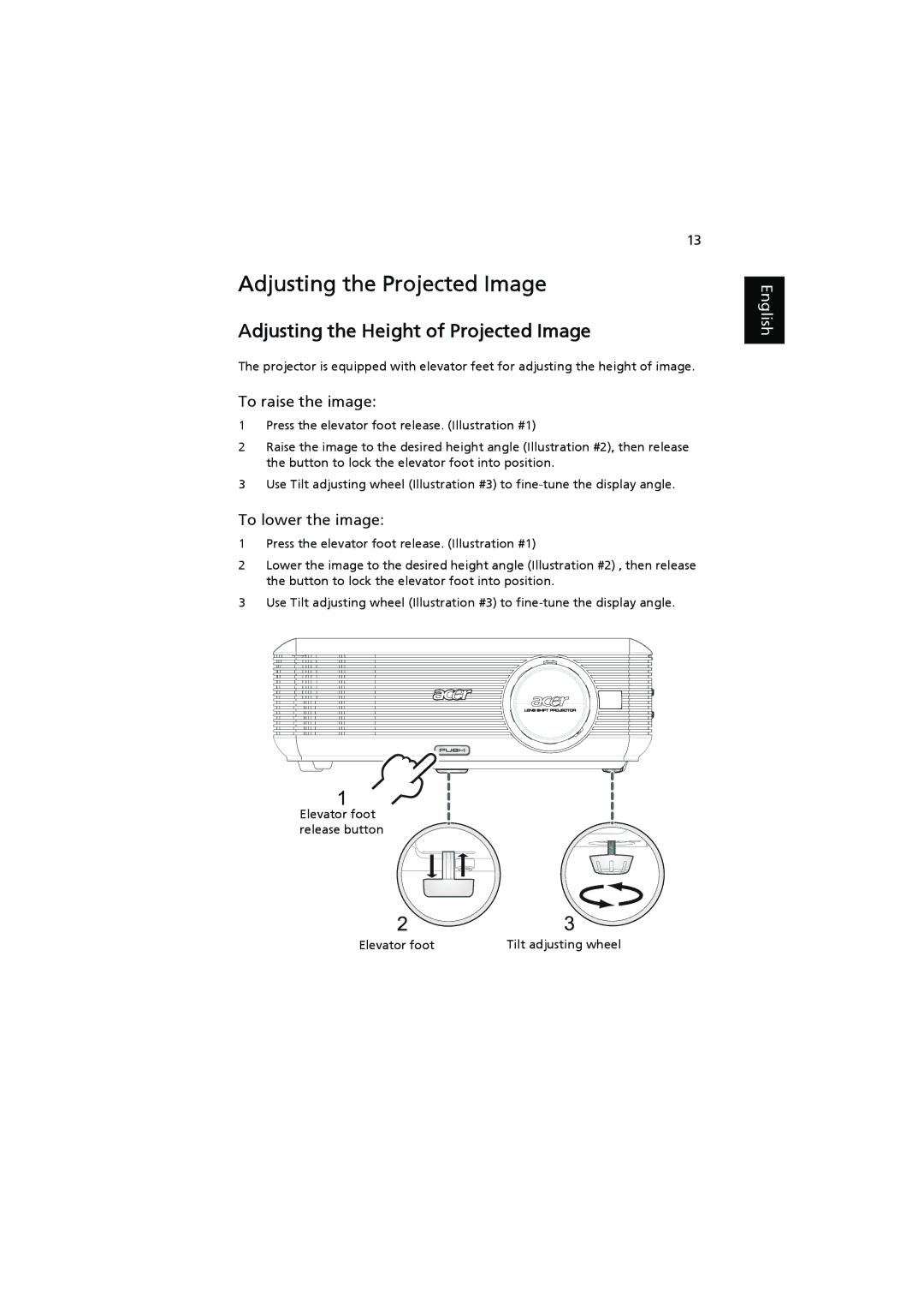 Acer P5390W, P5290, P5271n, P5271i manual Adjusting the Projected Image, To raise the image, To lower the image 