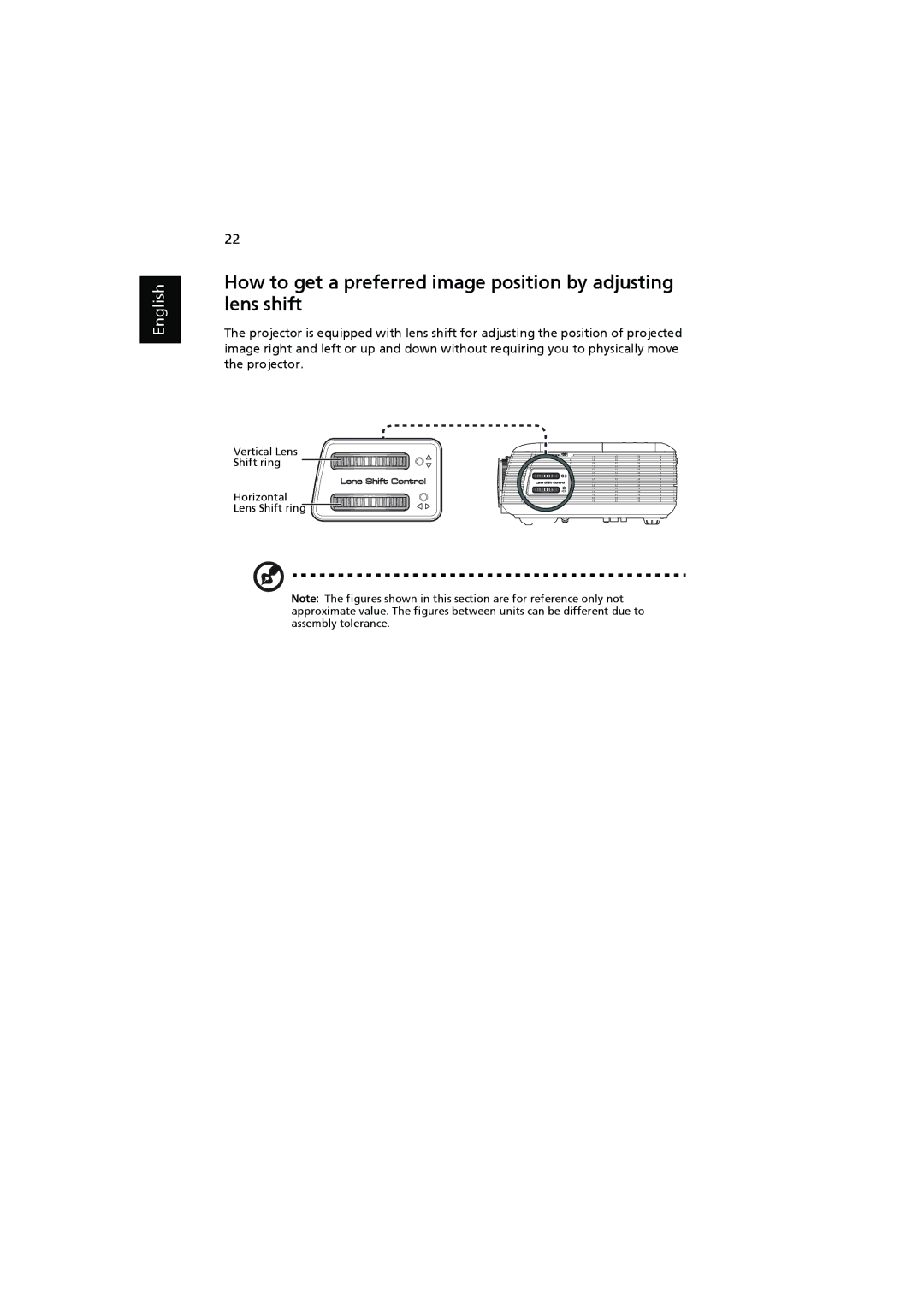 Acer P5390W, P5290, P5271n, P5271i manual Vertical Lens Shift ring Horizontal 