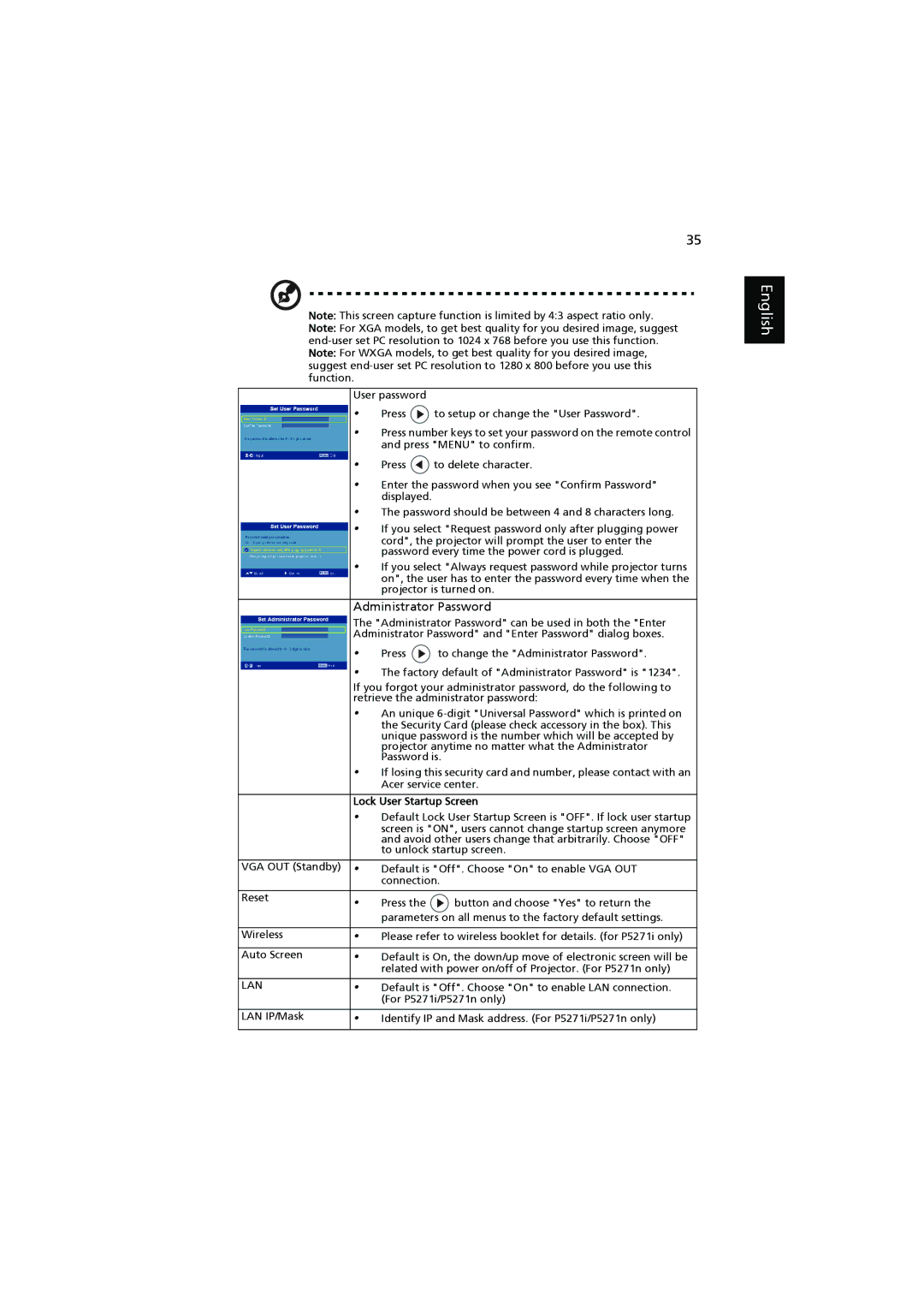 Acer P5271n, P5390W, P5290, P5271i manual Administrator Password, Lock User Startup Screen 