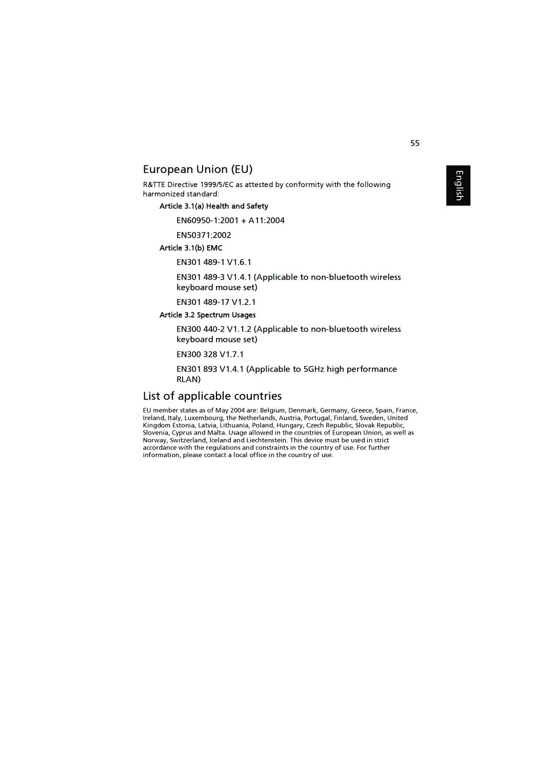 Acer P5271n, P5390W, P5290, P5271i manual European Union EU, List of applicable countries 