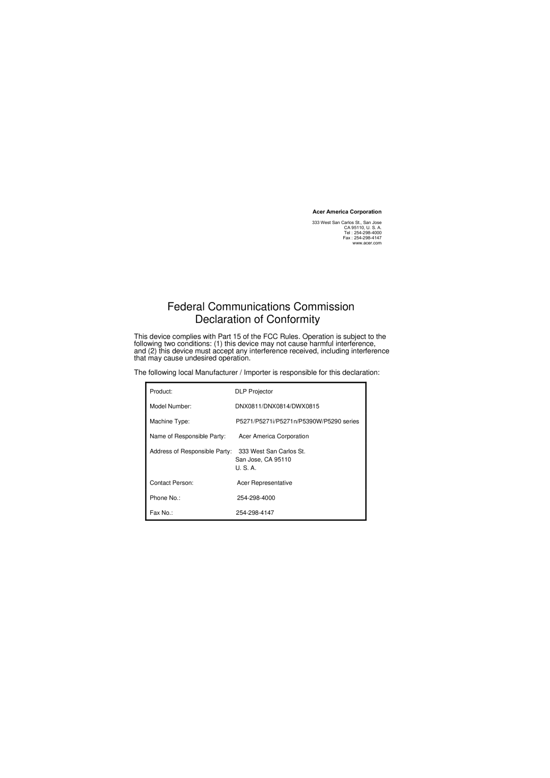 Acer P5271i, P5390W, P5290, P5271n manual Federal Communications Commission Declaration of Conformity 