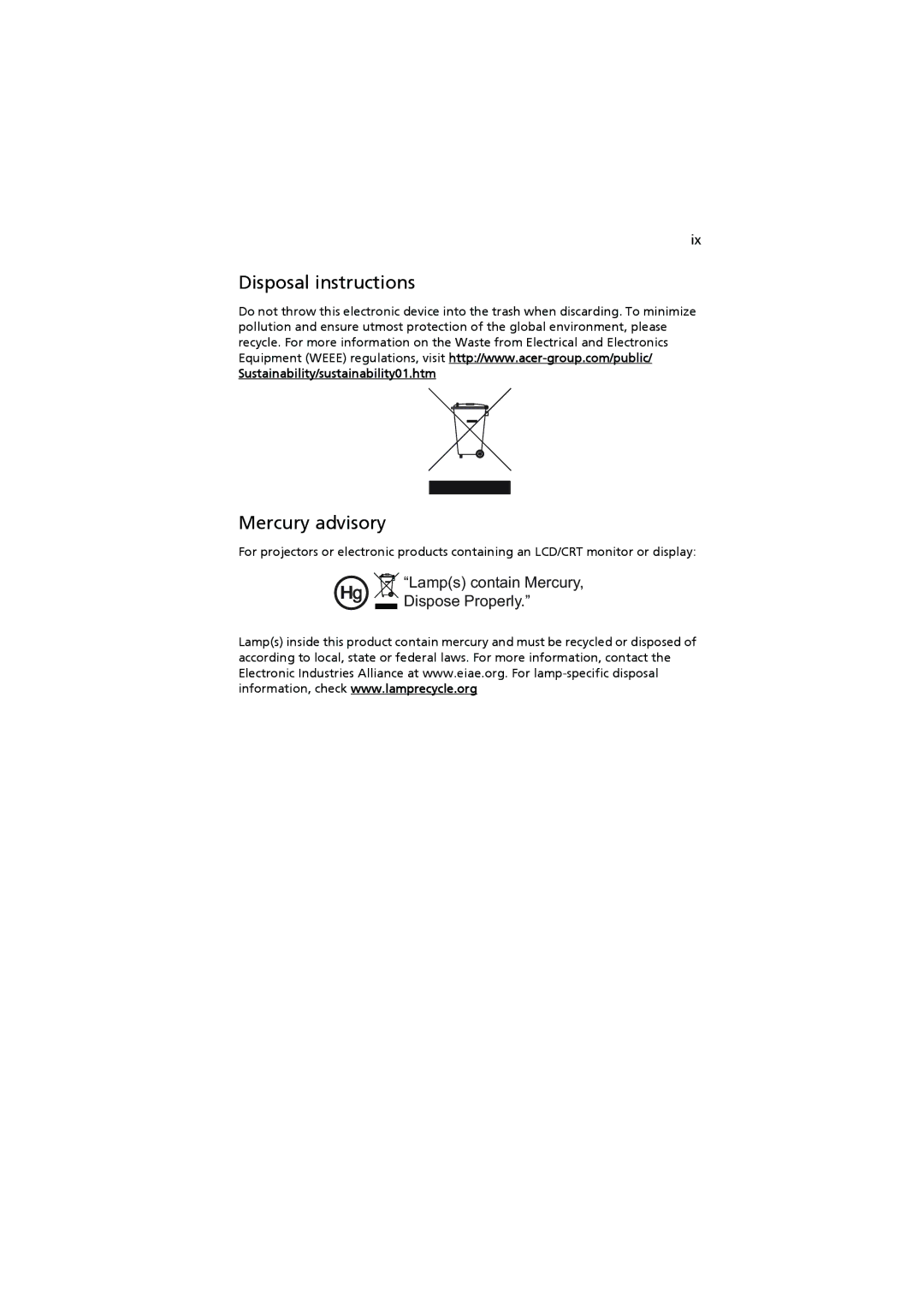 Acer P5390W, P5290, P5271n, P5271i manual Disposal instructions, Mercury advisory, Lamps contain Mercury, Dispose Properly 