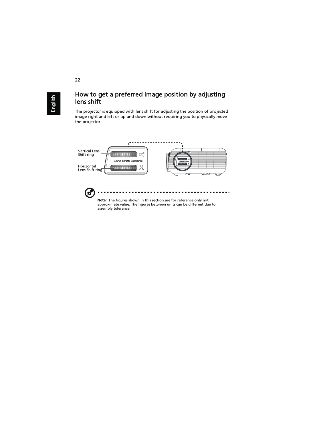 Acer P5390W, P5290, P5271n, P5271i manual How to get a preferred image position by adjusting lens shift, English 