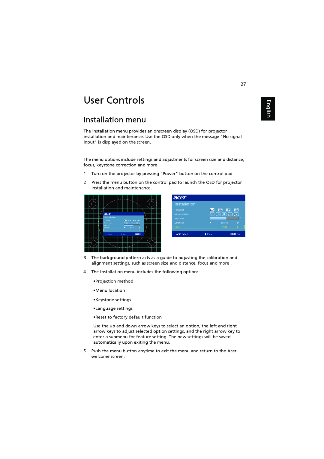 Acer P5390W, P5290, P5271n, P5271i manual User Controls, Installation menu, English 