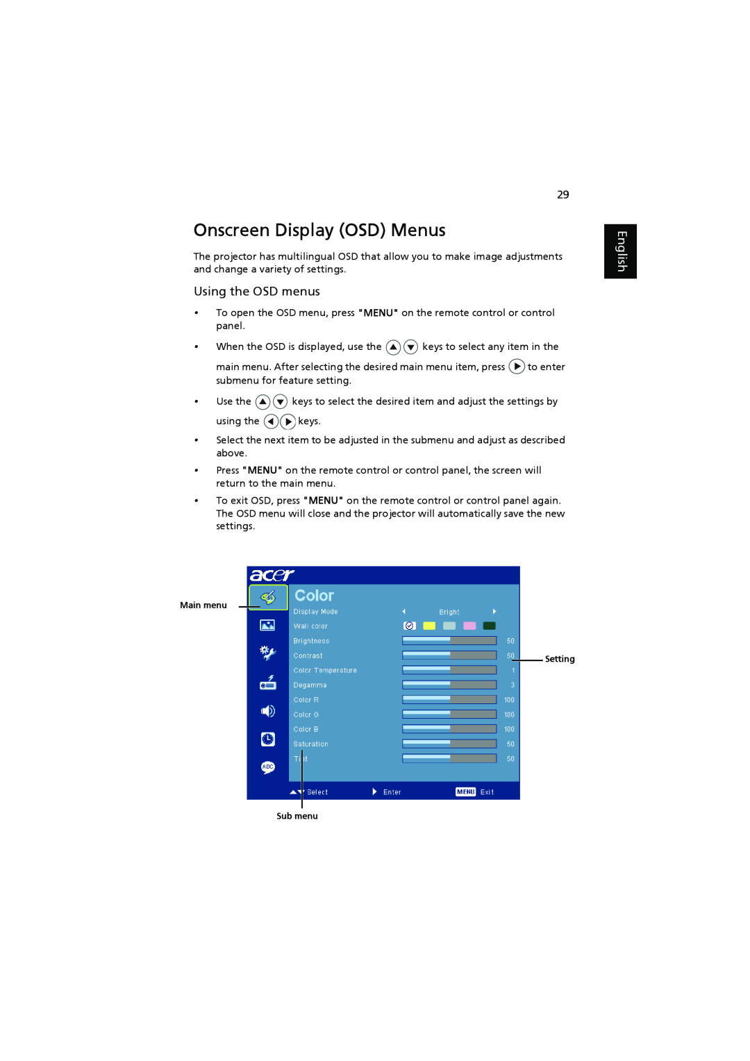 Acer P5290, P5390W, P5271n, P5271i manual Onscreen Display OSD Menus, Using the OSD menus, English 