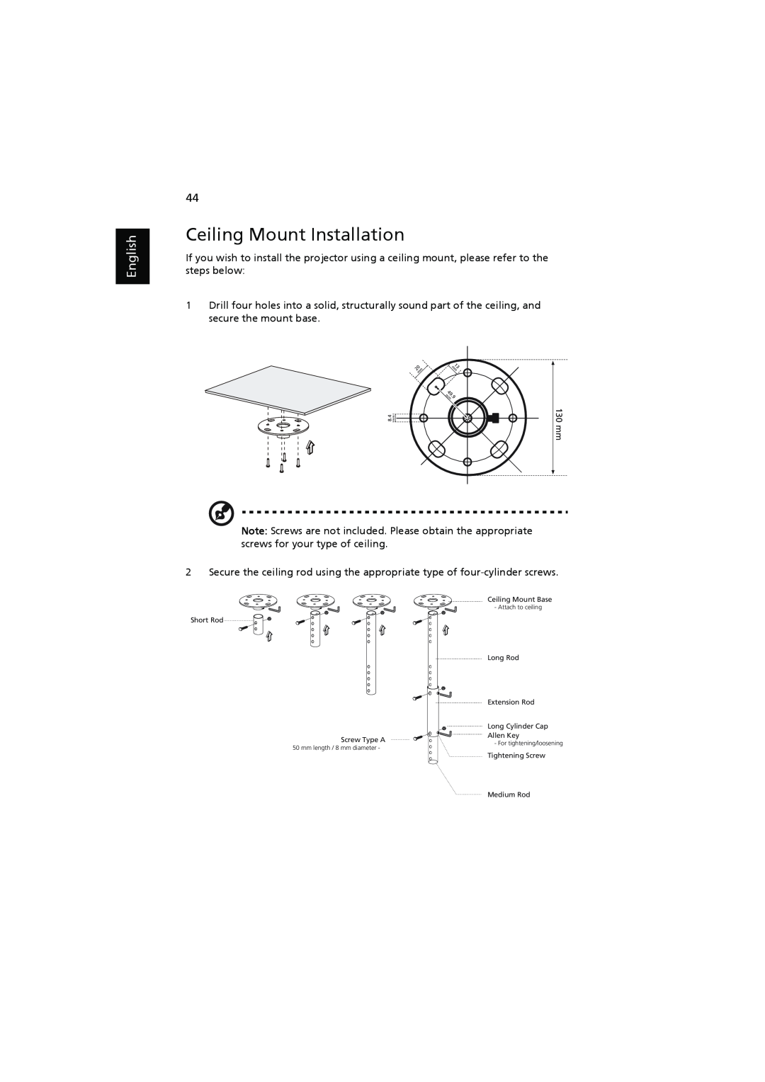 Acer P5290, P5390W, P5271n, P5271i manual Ceiling Mount Installation, English 