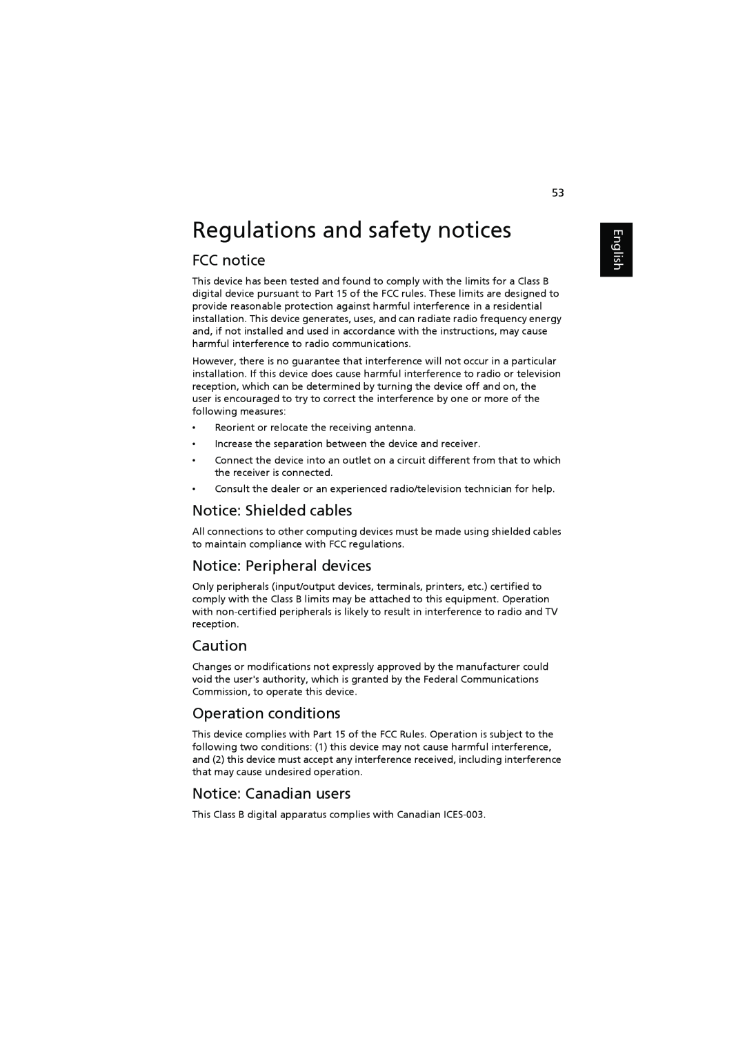 Acer P5390W, P5290 Regulations and safety notices, FCC notice, Notice Shielded cables, Notice Peripheral devices, English 