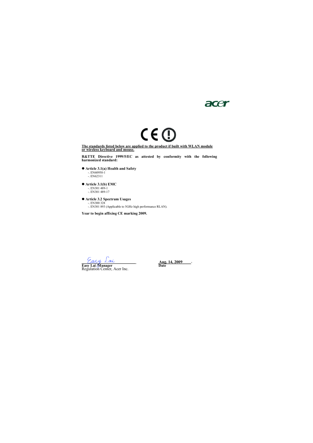 Acer P5390W, P5290, P5271n, P5271i manual z Article 3.1a Health and Safety 