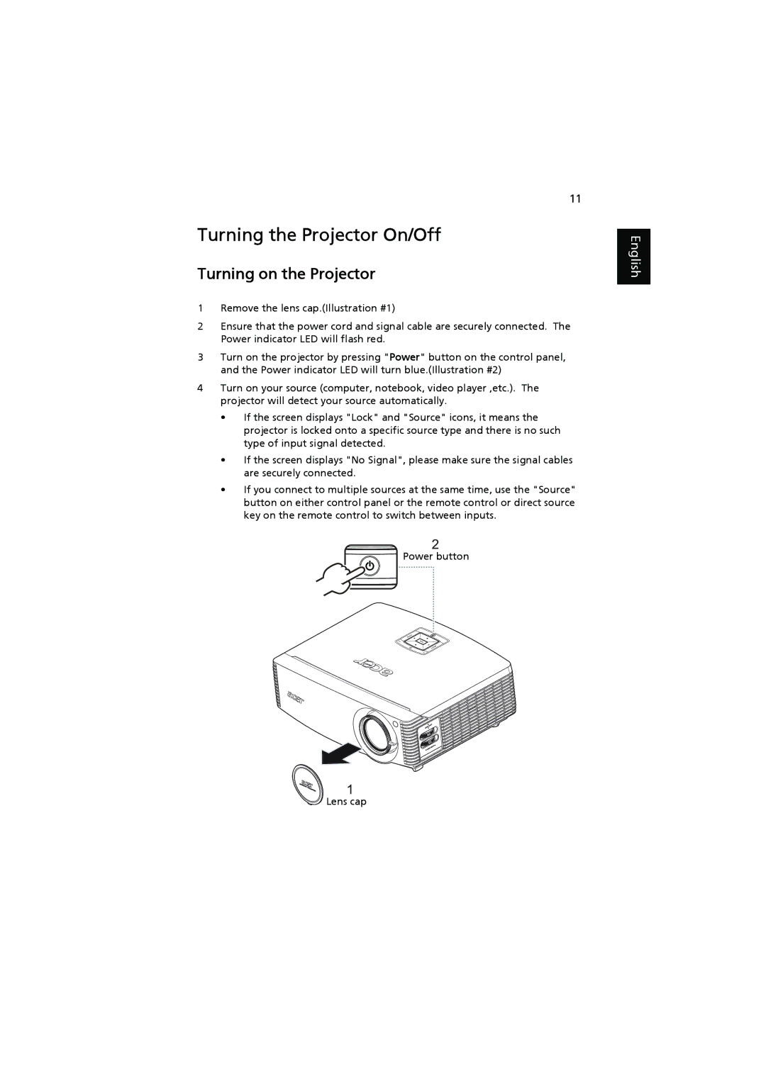 Acer P7200i, P7205, P7203 manual Turning the Projector On/Off, Turning on the Projector, Lens cap 