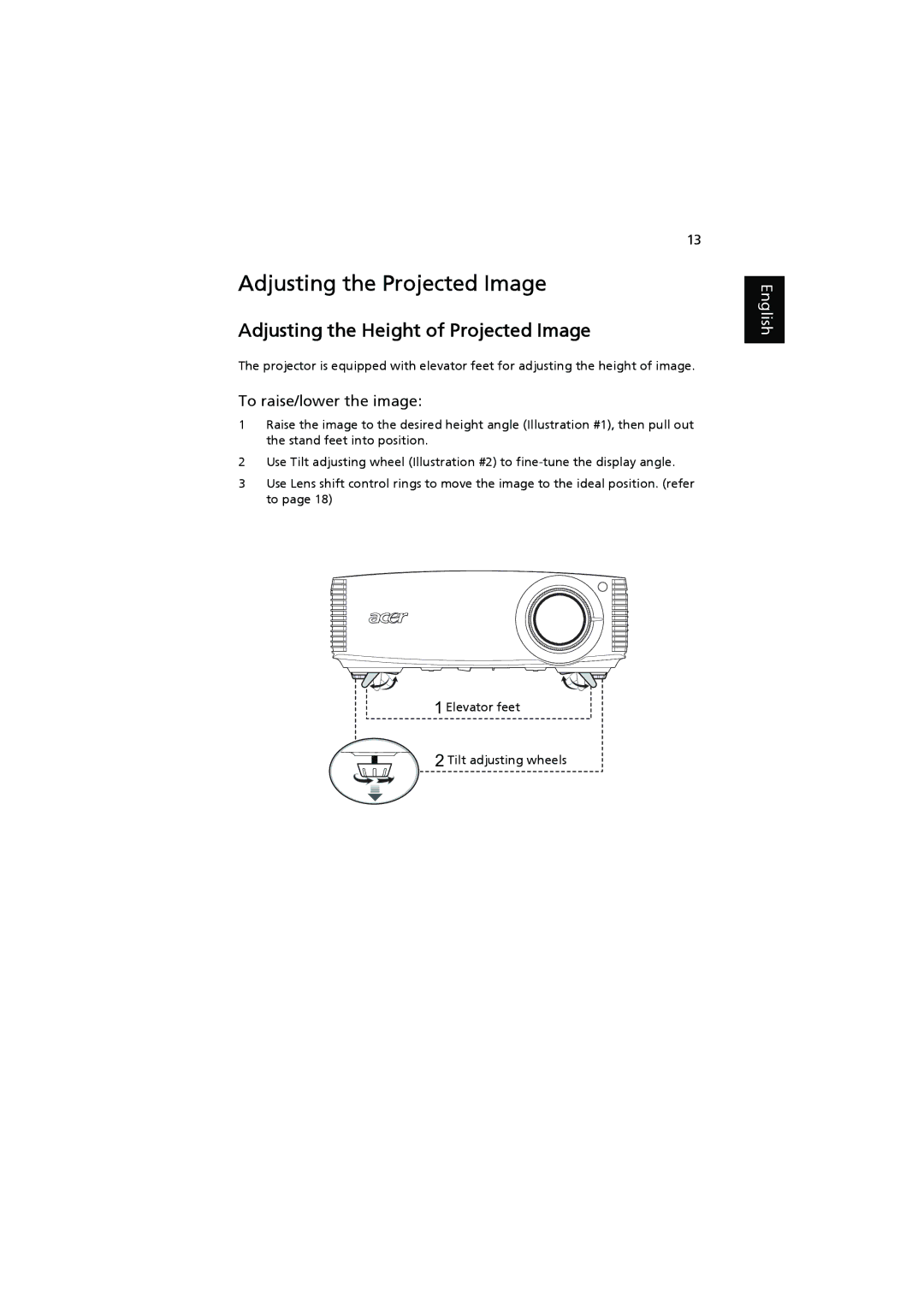 Acer P7203, P7200i, P7205 Adjusting the Projected Image, Adjusting the Height of Projected Image, To raise/lower the image 