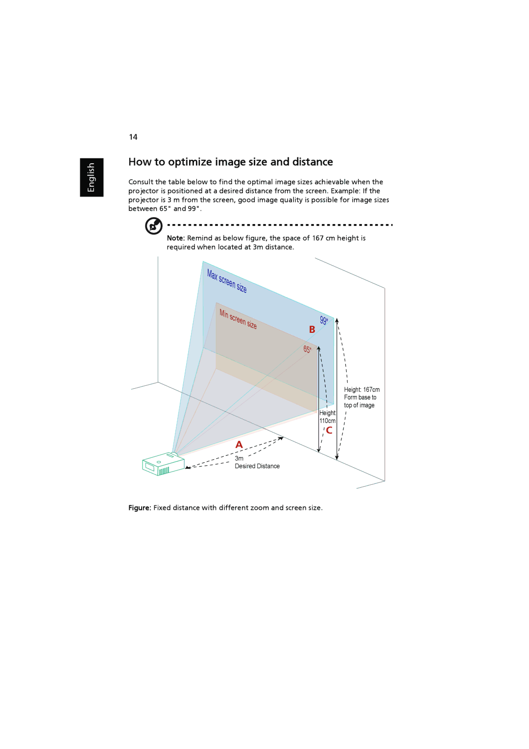 Acer P7200i, P7205 manual How to optimize image size and distance, Figure Fixed distance with different zoom and screen size 