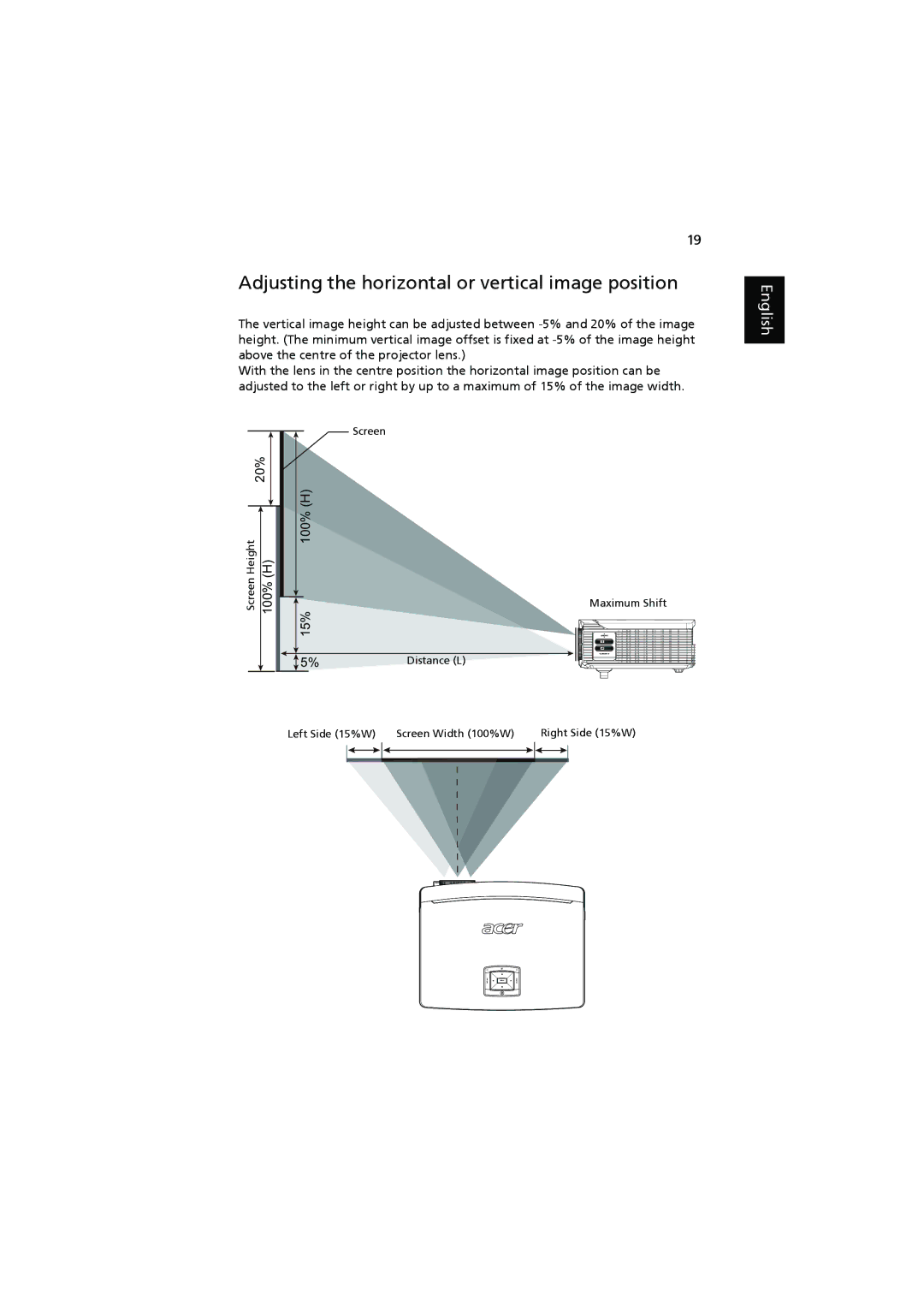 Acer P7203, P7200i, P7205 manual Adjusting the horizontal or vertical image position, 20%, 15% 100% 