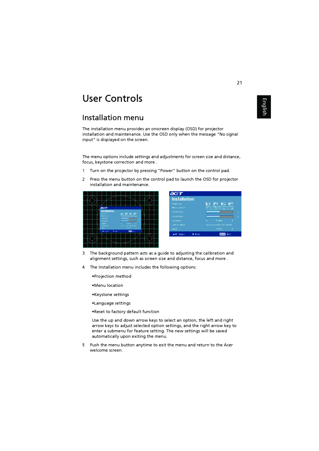 Acer P7205, P7200i, P7203 manual User Controls, Installation menu 